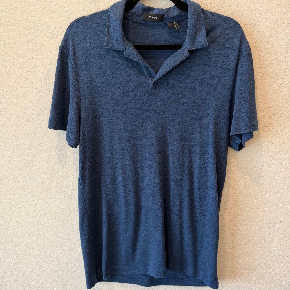 Theory Mens Heathered Blue Knit Short Sleeve Buttonless Polo Shirt Size M